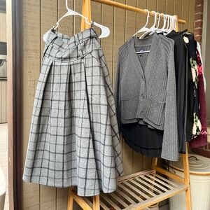 Checkered Gray Wool Full Midi Skirt Size Small